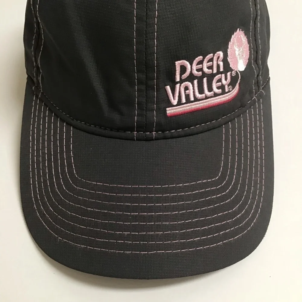 Deer Valley Ski Resort Hat Gear Cap Gray Pink Contrast Stitch Adjusts Vintage